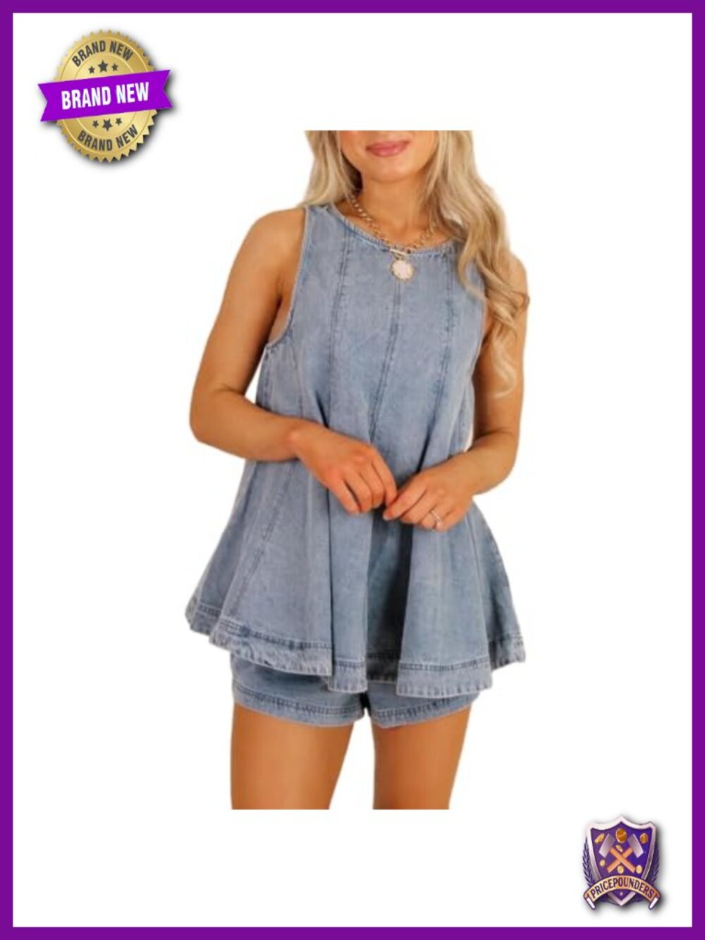 Cotton Denim 2 Piece Set Sleeveless Pleated Top Loose Shorts Lounge Outfit